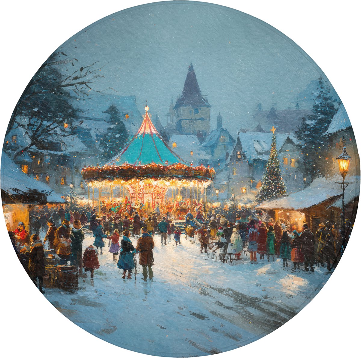 WC mat rond 70x70 cm - Antislip - Winterkermis - Dorp - Kleurrijk - Toiletmat - Vloermat -