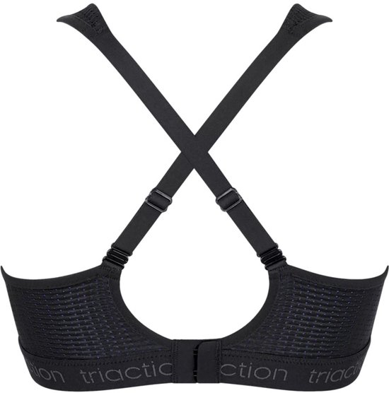 Achterkant van een zwarte sportbeha met gekruiste bandjes en Triaction-logo op de band.