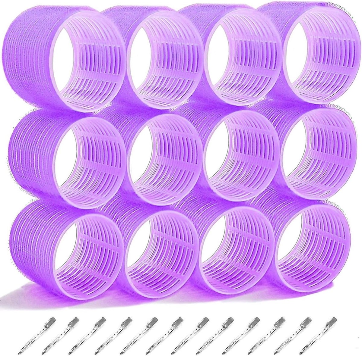 Set van 24 Haarrollers met 12 Jumbo Zelfklevende Rollers en 12 Clipjes voor Kappers - Ideaal voor Lang, Middellang en Kort Haar