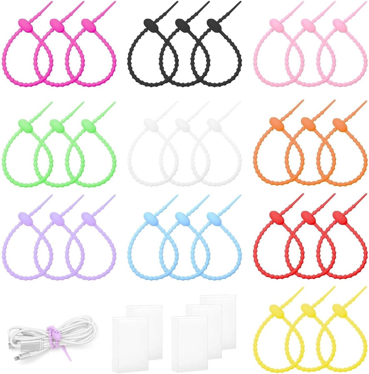 30 Stuks Silicone Kabelbinders met 5 Plastic Dozen, 22 cm Herbruikbare Klemmen voor Kabelbeheer, Organisatie en Sluiting