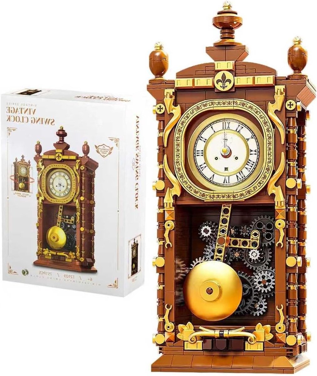 Vintage Hangklok met Klem, Bouwstenen Speelgoed met Werkende Klokfunctie en Mechanische Slinger, Creatieve Decoratie en Geschenk voor Volwassenen, Tieners en Kinderen