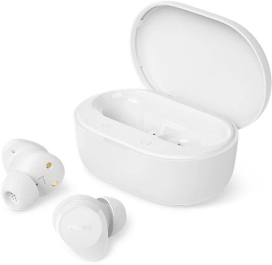Witte Philips oordopjes met oplaadcase.