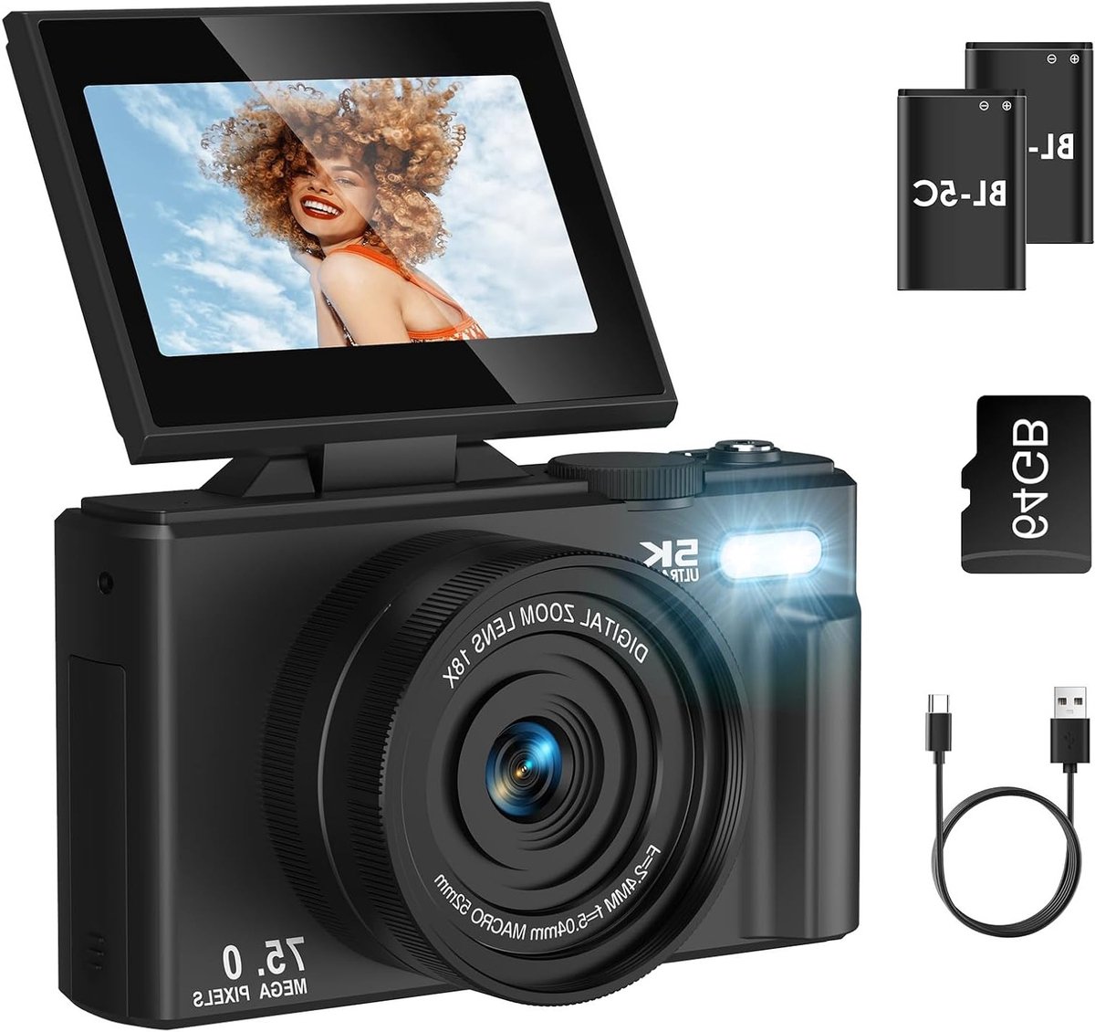 Digitale Camera met 5K Resolutie en 75MP, Mini Formaat, 3.0 Inch Scherm, 180° Flip, 18x Zoom, Inclusief 64G SD Kaart, Ideaal voor Beginners en Kinderen