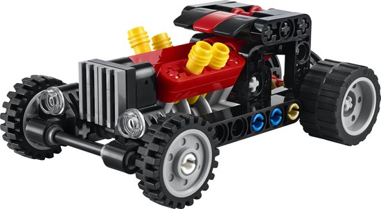 LEGO Technic Hot Rod auto met rode motorblokken en zwarte body, gedetailleerde constructie.