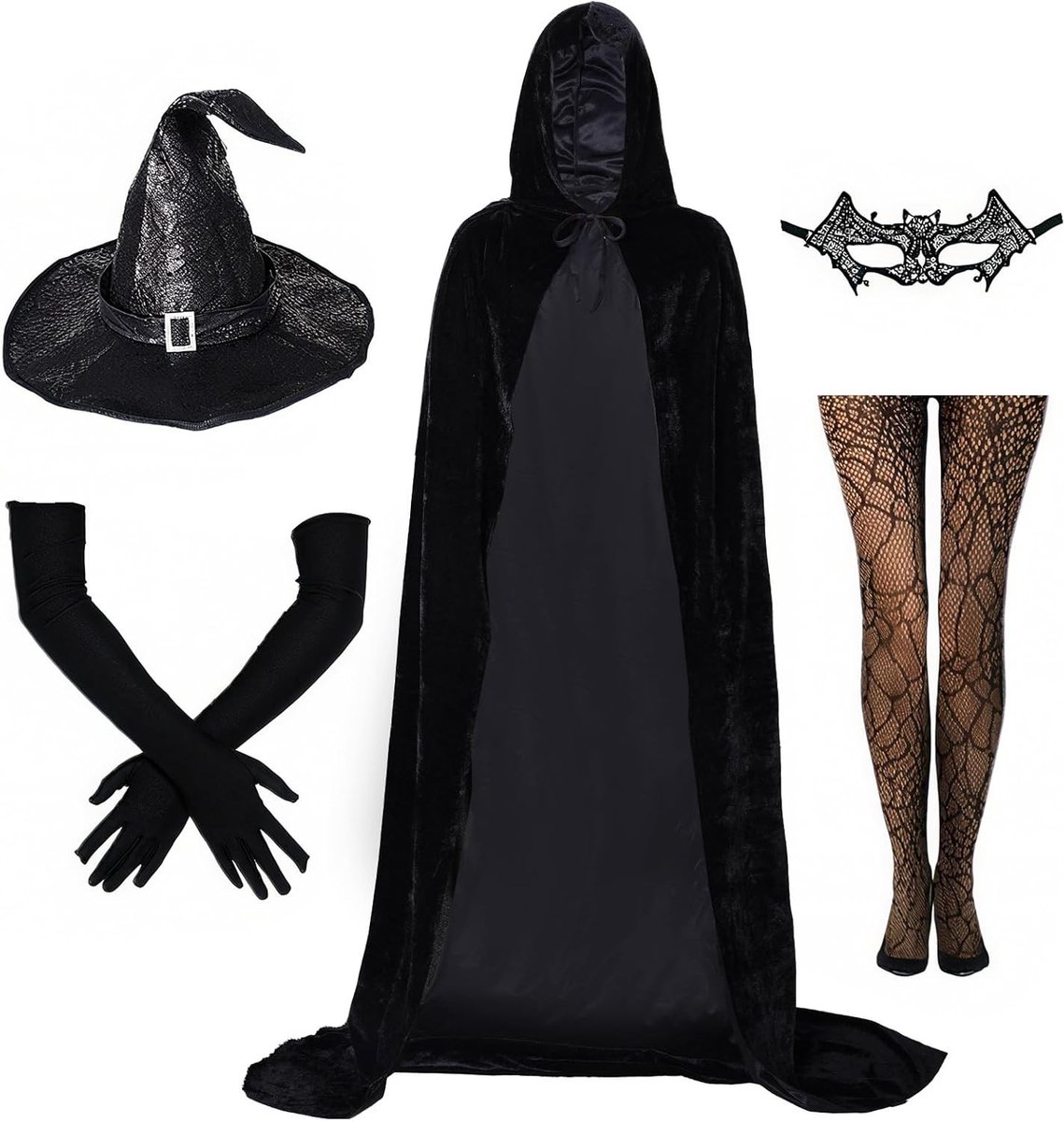Premium Halloween Kostuum voor Vrouwen met Hoed, Rekbare Handschoenen en Visnet Kousen voor Feesten en Cosplay