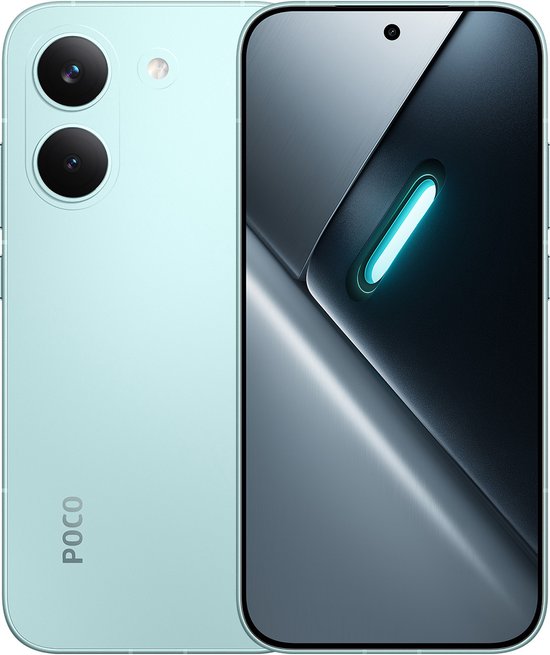 Lichtgroene smartphone met twee camera's en het POCO-logo, naast een detail van het scherm met blauwe lichtstrip.