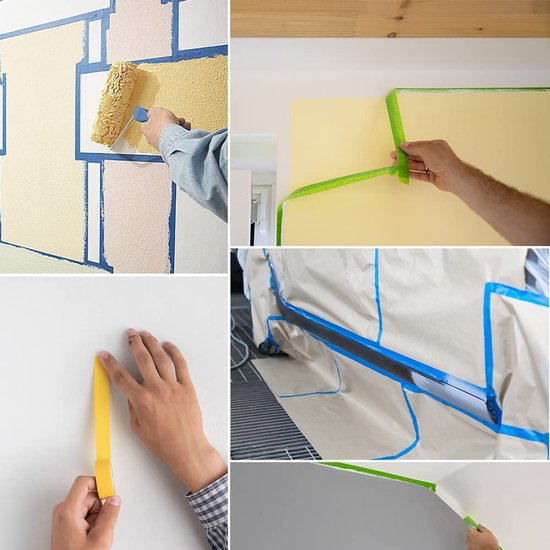 Collage van schilderen en afplakken, met rollen tape en beschermfolie.