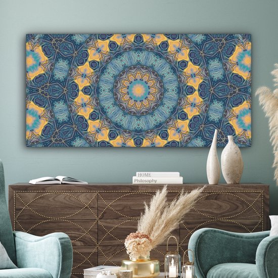 Canvas schilderij 160x80 cm - Wanddecoratie Cirkel - Blauw - Mandala - Muurdecoratie woonkamer - Slaapkamer decoratie - Kamer accessoires - Schilderijen op canvas