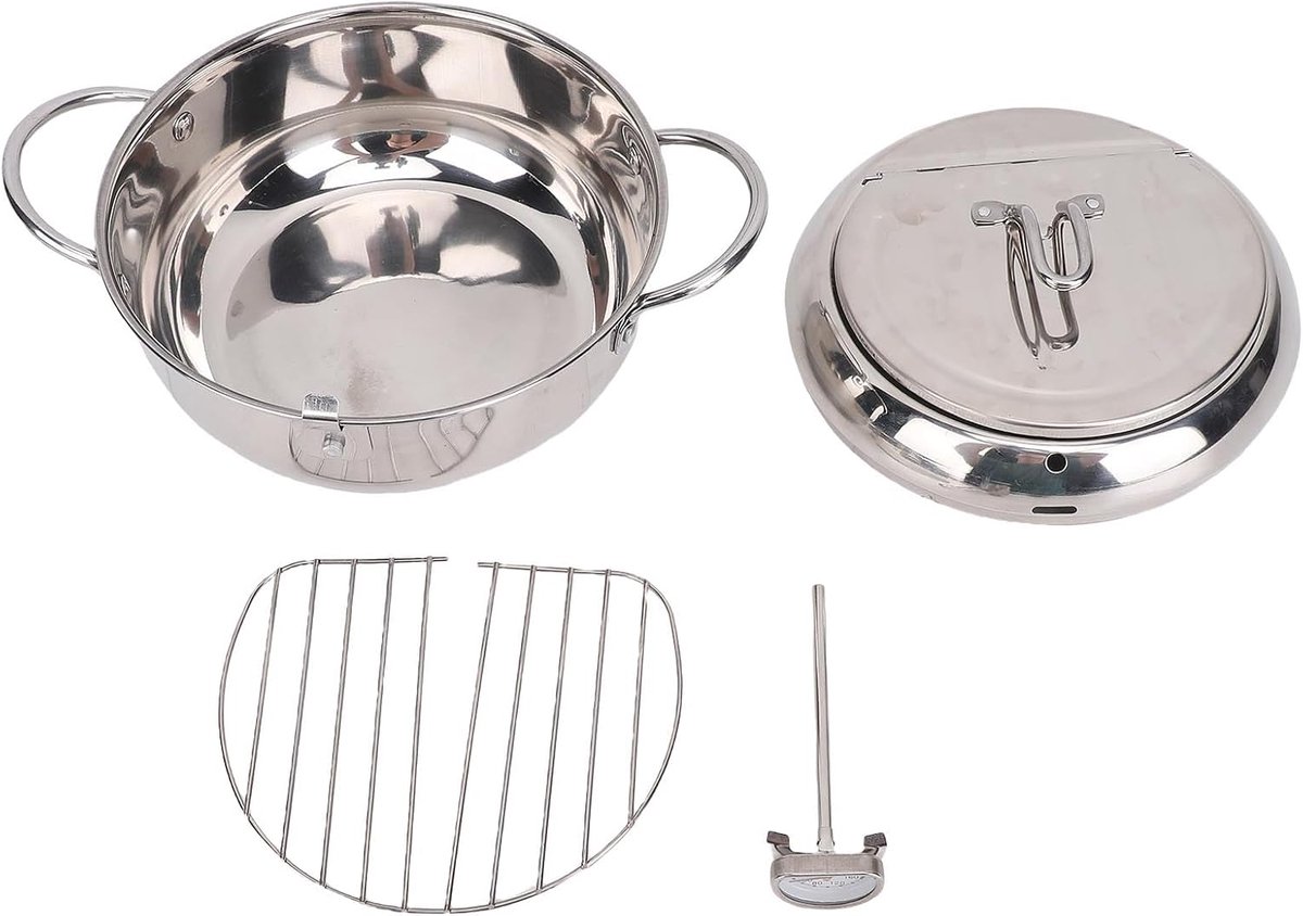 Frituurpan met thermometer - Keukenpan - Frietjes bakken - Inclusief olieafvoer - 20 cm diameter - Zilverkleurig