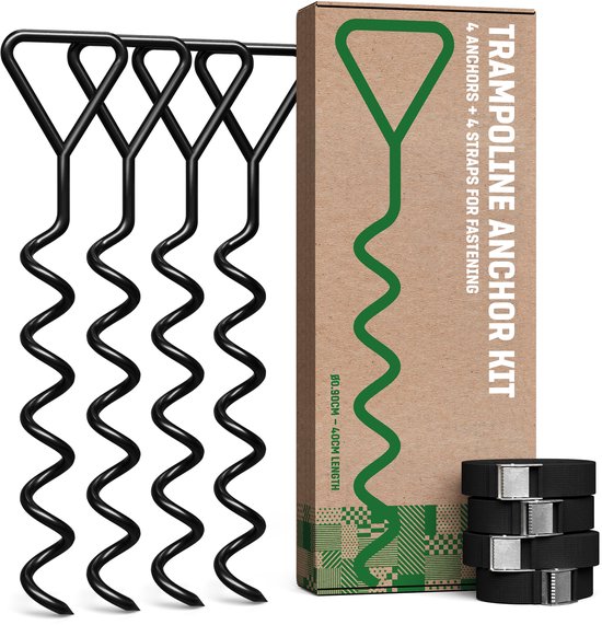 Vier zwarte grondankers van 40 cm naast een doos met de tekst 'TRAMPOLINE ANCHOR KIT' en vier zwarte banden.