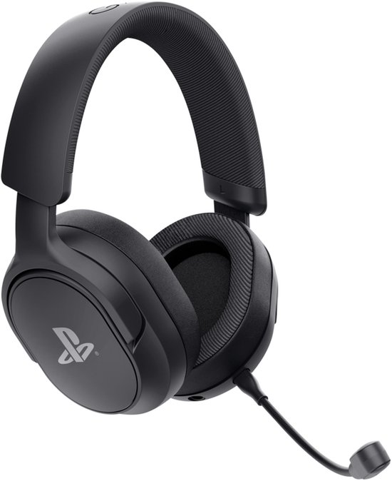 Zwarte draadloze gaming headset met PlayStation logo en flexibele microfoon, gedetailleerd.