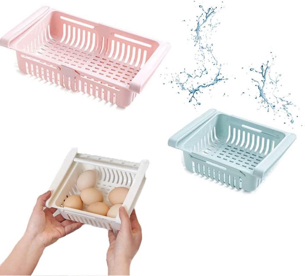 Opbergdozen Set - Lade Organizers - Koelkast Indelen - Intrekbaar Ontwerp - 3 Delig - Wit Blauw Roze