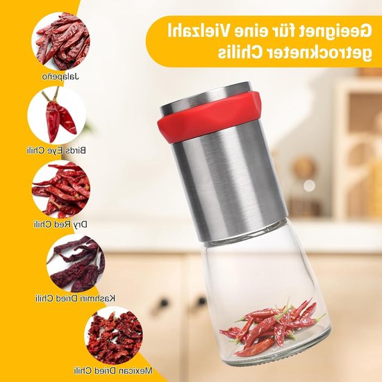 RVS en Glas Chili Molen voor Gedroogde Peper en Grof Kruiden, Ideaal voor Specerijen en Kruidensets — afbeelding 3