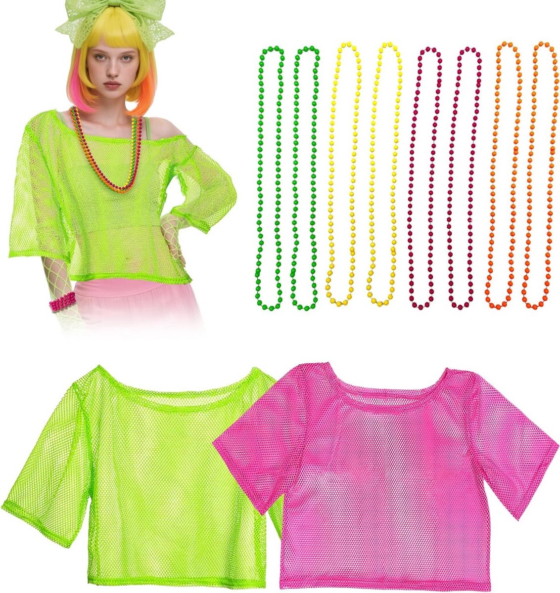 10-delige set met 80s neon accessoires voor vrouwen, inclusief kettingen en T-shirts voor retro feesten, Halloween en carnaval