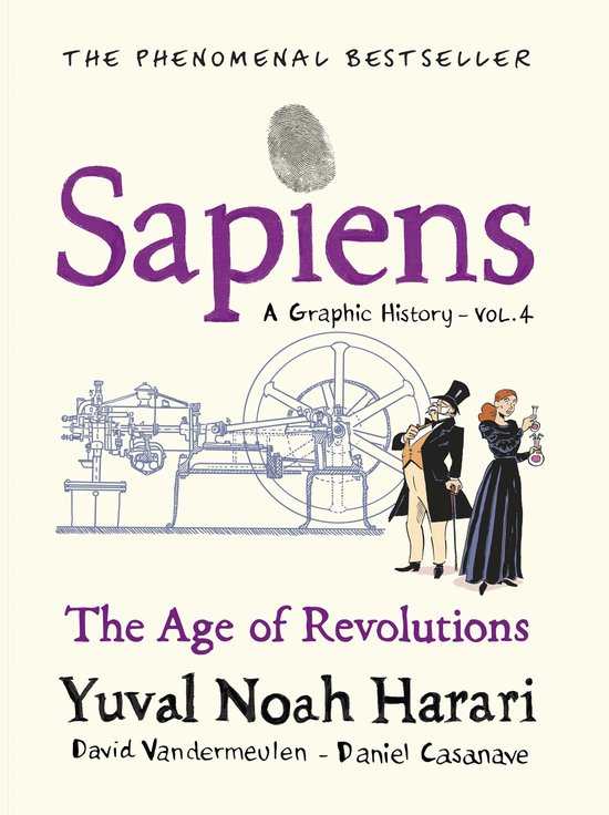 Boekcover Sapiens: Een Grafische Geschiedenis - De Leeftijd van Revoluties, met een illustratie van een stoommachine en twee figuren.