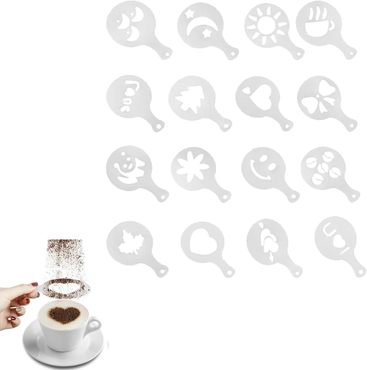 Set van 16 Koffiestencils voor Latte Art en Cappuccino Decoratie, Plastic Koffie Accessoires