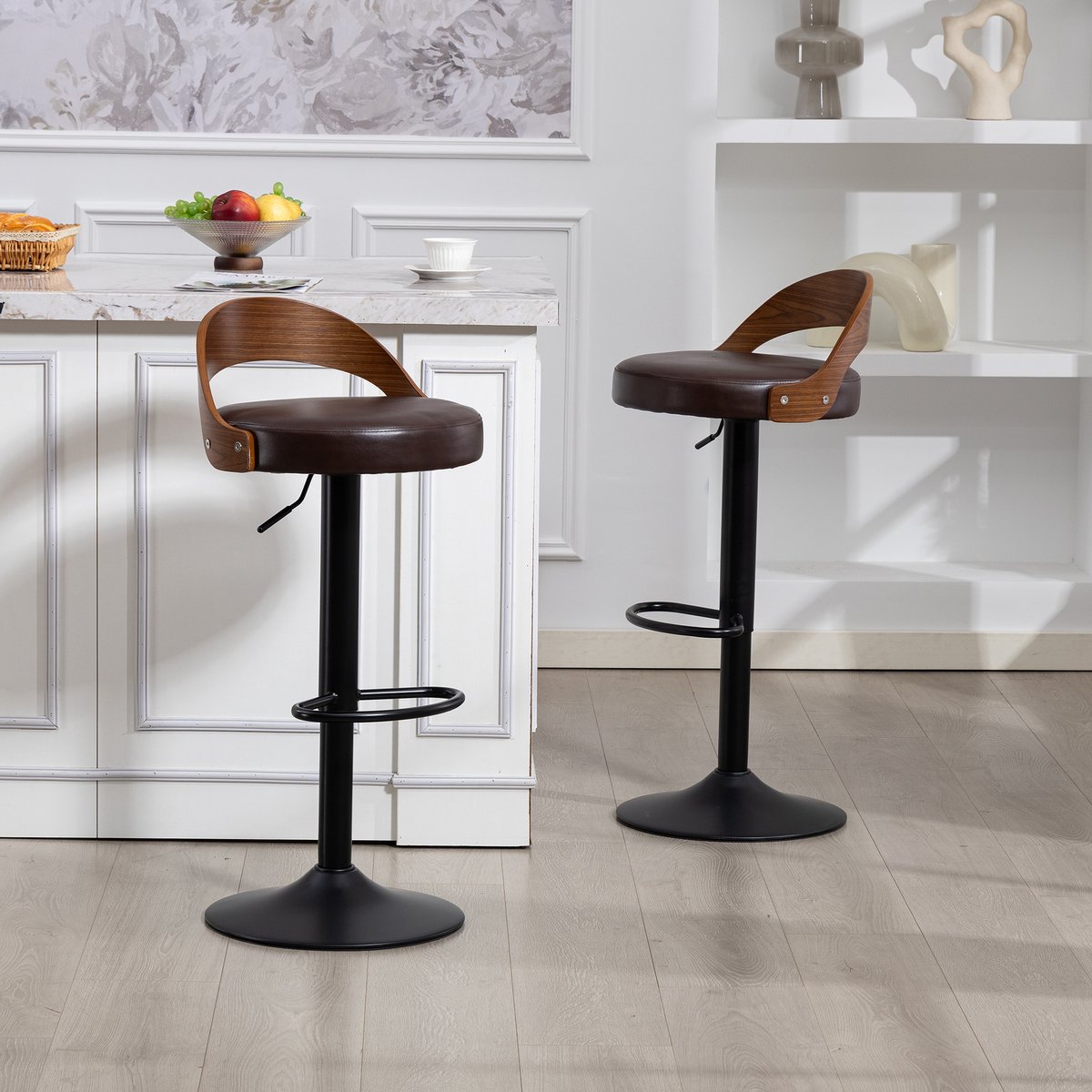Wishdor Barkrukken Set Van 2 - 360° Draaibaar En In Hoogte Verstelbaar - Modern Minimalistisch Ontwerp Voor Keuken, Bar Of Café - PU Bekleding Met Rugleuning En Armleuningen - Bruin En Zwart - 42,5 X 42 X 77-98 Cm