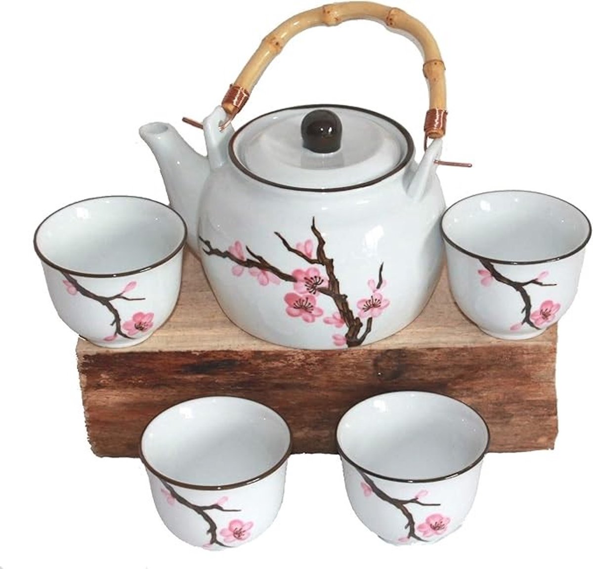 Witte keramische theeset met kersenbloesem decor - 5-delig servies inclusief theepot