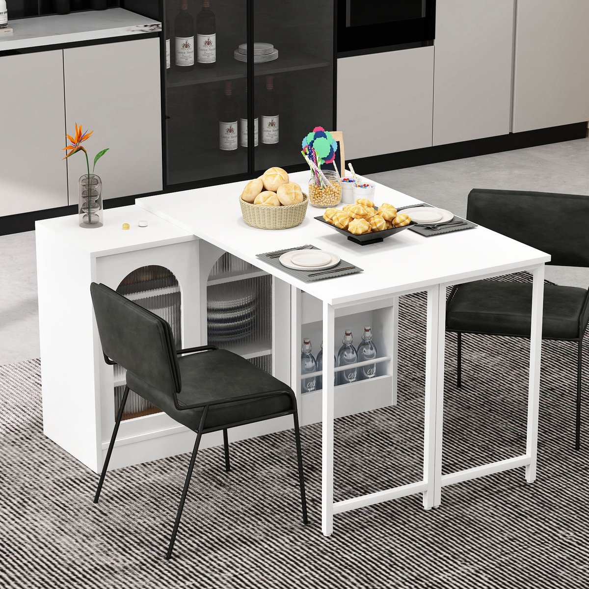 MODENUIT Bartafel - Uitschuifbaar Met 360° Draaibaar Blad En Opbergruimte - Voor Keuken - MDF - 121,5x40x76,7 cm - Wit