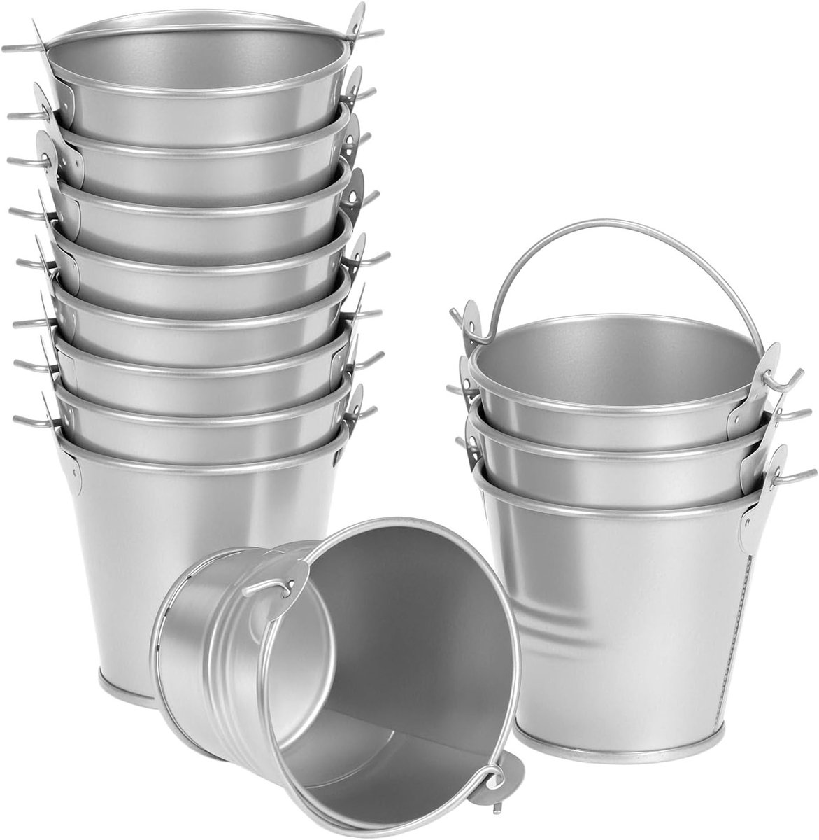 Kleine metalen hangpotten set van 12, 6 cm grote gegalvaniseerde plantenbakken met afneembare handvatten voor balkon, raam en tuindecoratie - Zilver
