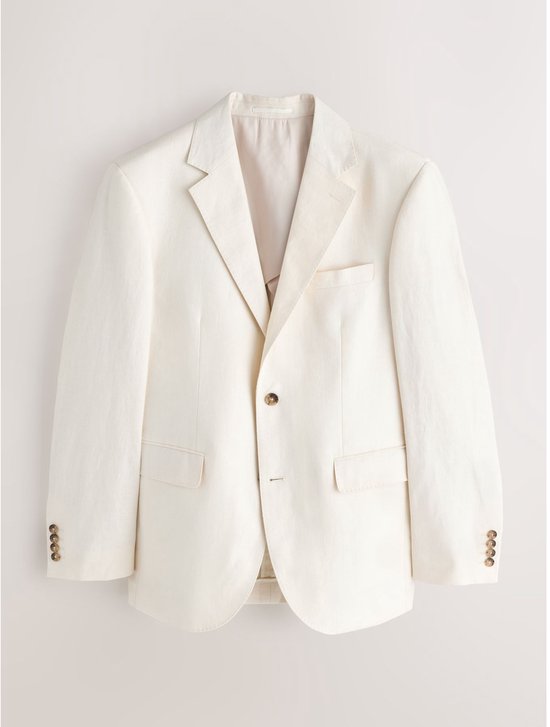 Off-white linnen colbert met één knoop, borstzak en klepzakken.