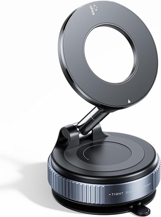 Support de téléphone magnétique noir avec un anneau rond et un bras réglable sur une base à ventouse.