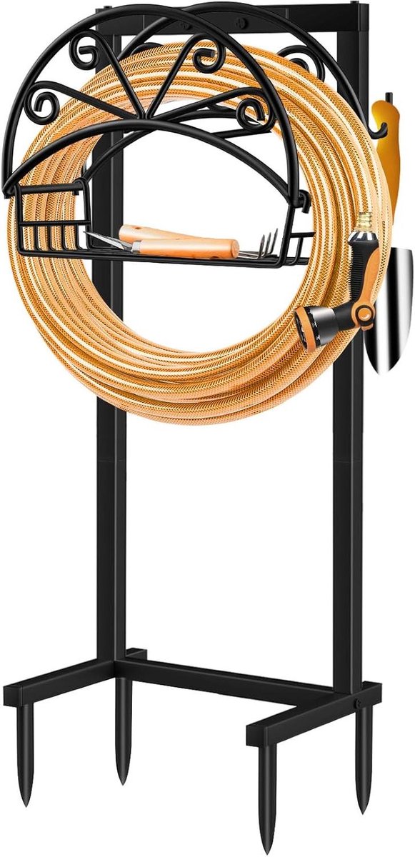 Tuinslanghouder - Slanghaspel organizer - Tuinslang opbergen - Met opbergmand en haken - 108 cm hoog - Zwart