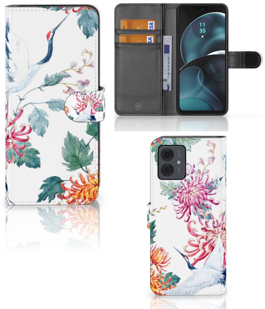 Motorola Moto G14 Telefoonhoesje met Pasjes Bird Flowers