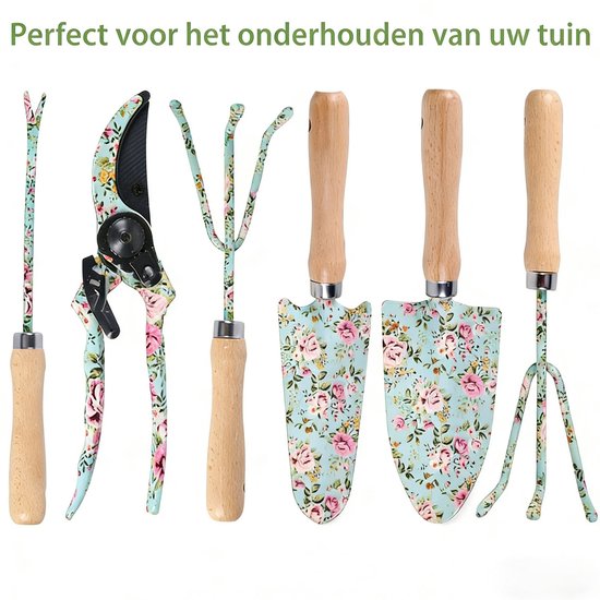 Gloovon® 10-Delige Tuingereedschap Set - RVS Handgereedschap met Tuintas - Inclusief Snoeischaar & Kniekussen - Bloemenprint van Merkloos	 — afbeelding 3