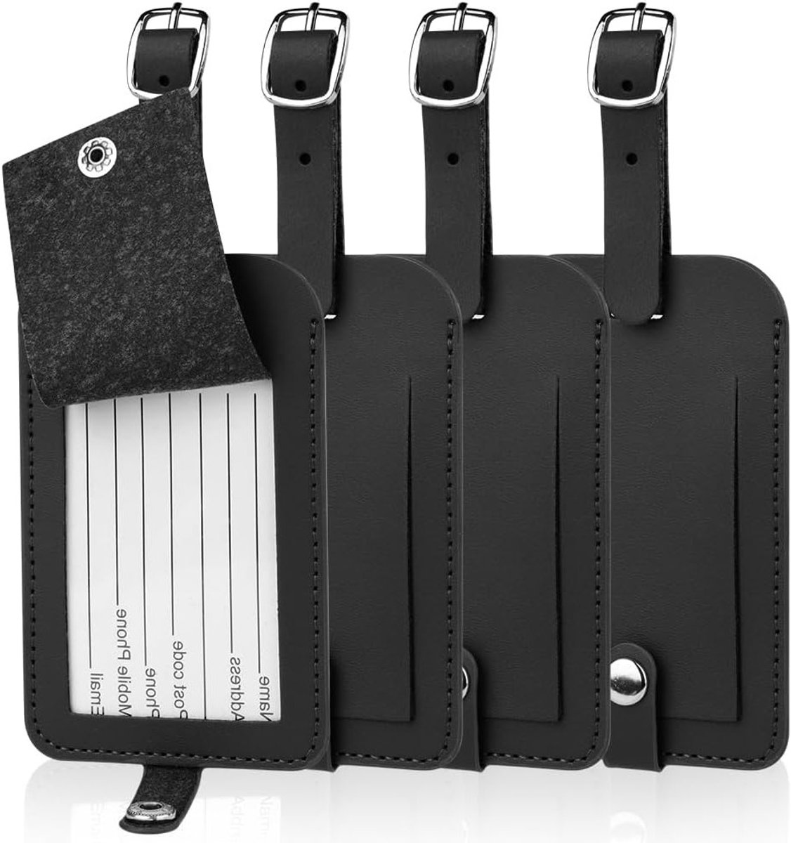Set van 4 Leren Bagagelabels, ID Kaart Labels voor Koffers, Reisaccessoires voor het Voorkomen van Verlies van Bagage (Zwart)