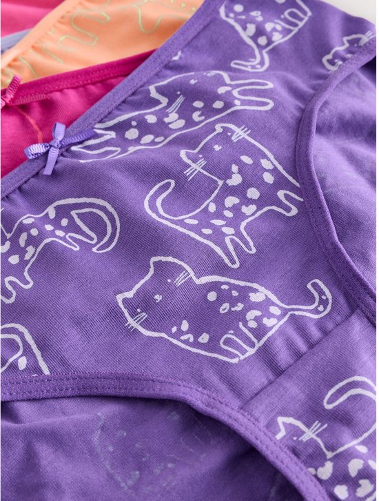 Paarse onderbroek met witte kattenprint en strikje.