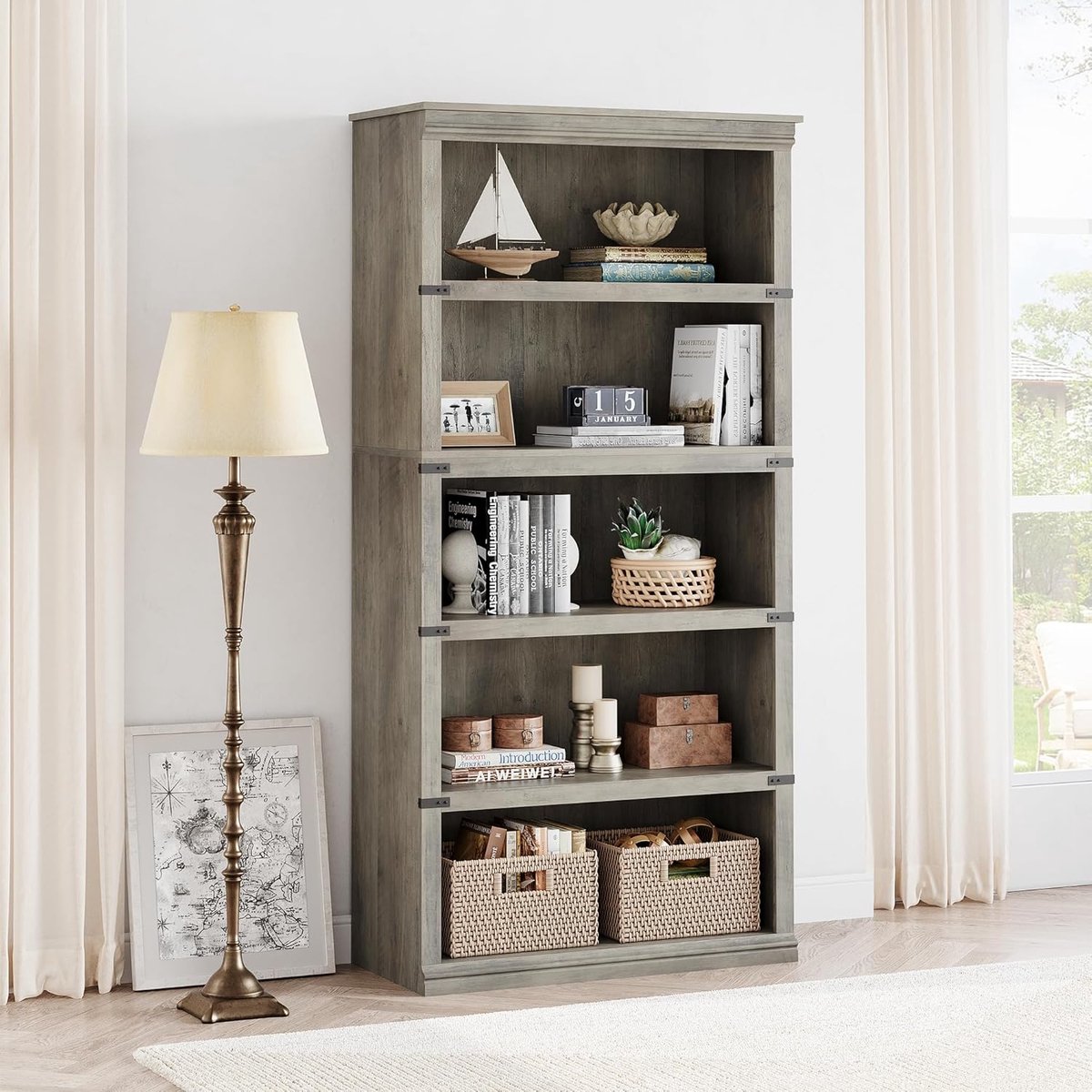 HOERFURIY Hoge Boekenkast met 5 Planken - Landelijke Open Vakkenkast - Opbergkast voor Woonkamer & Kantoor - 171 cm Hoog - Grijs