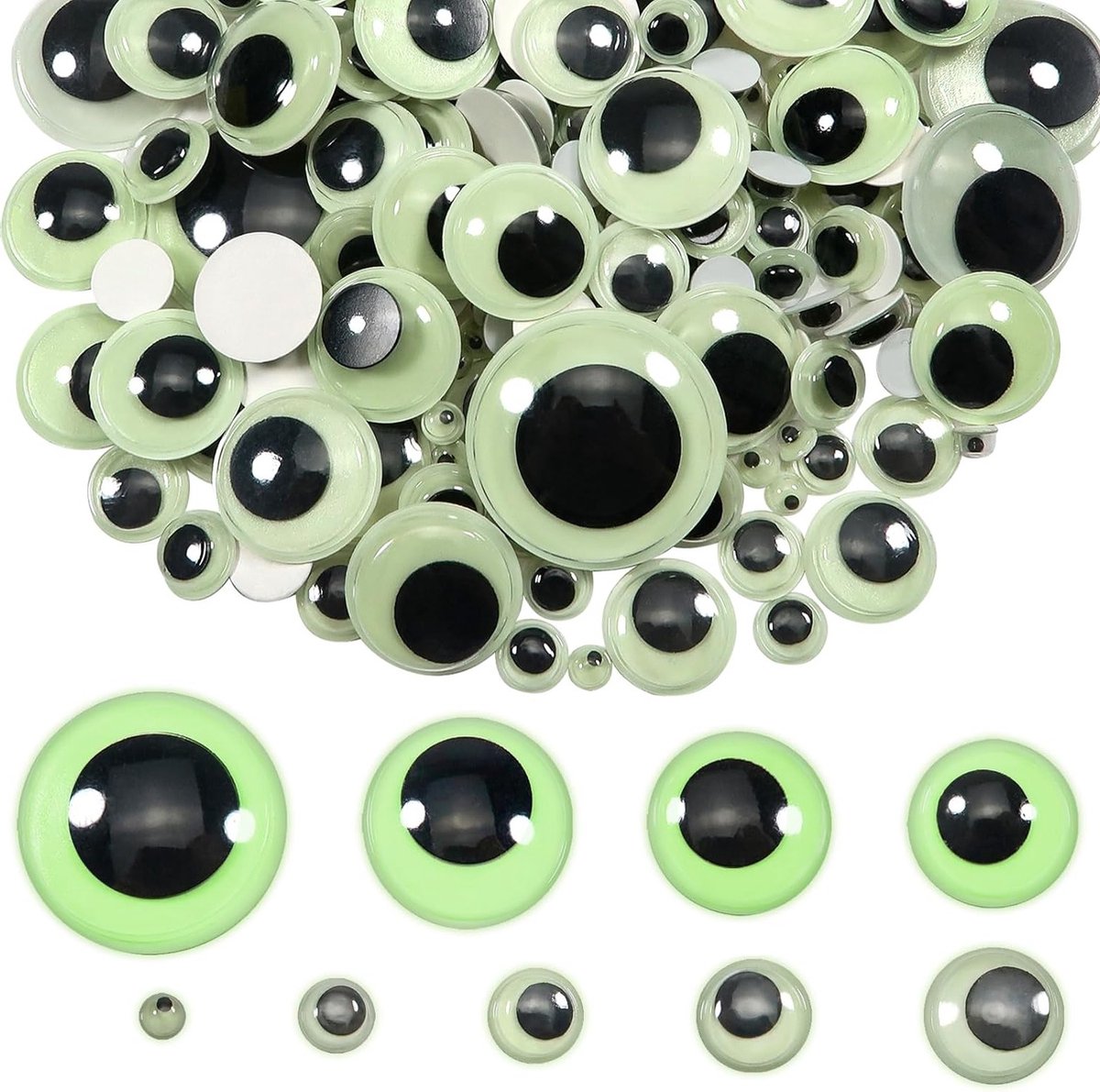 200 Stuks Zelfklevende Ronde Fluorescerende Plastic Wiebeloogjes 6 tot 30 mm voor DIY Scrapbooking en Creatieve Knutselprojecten