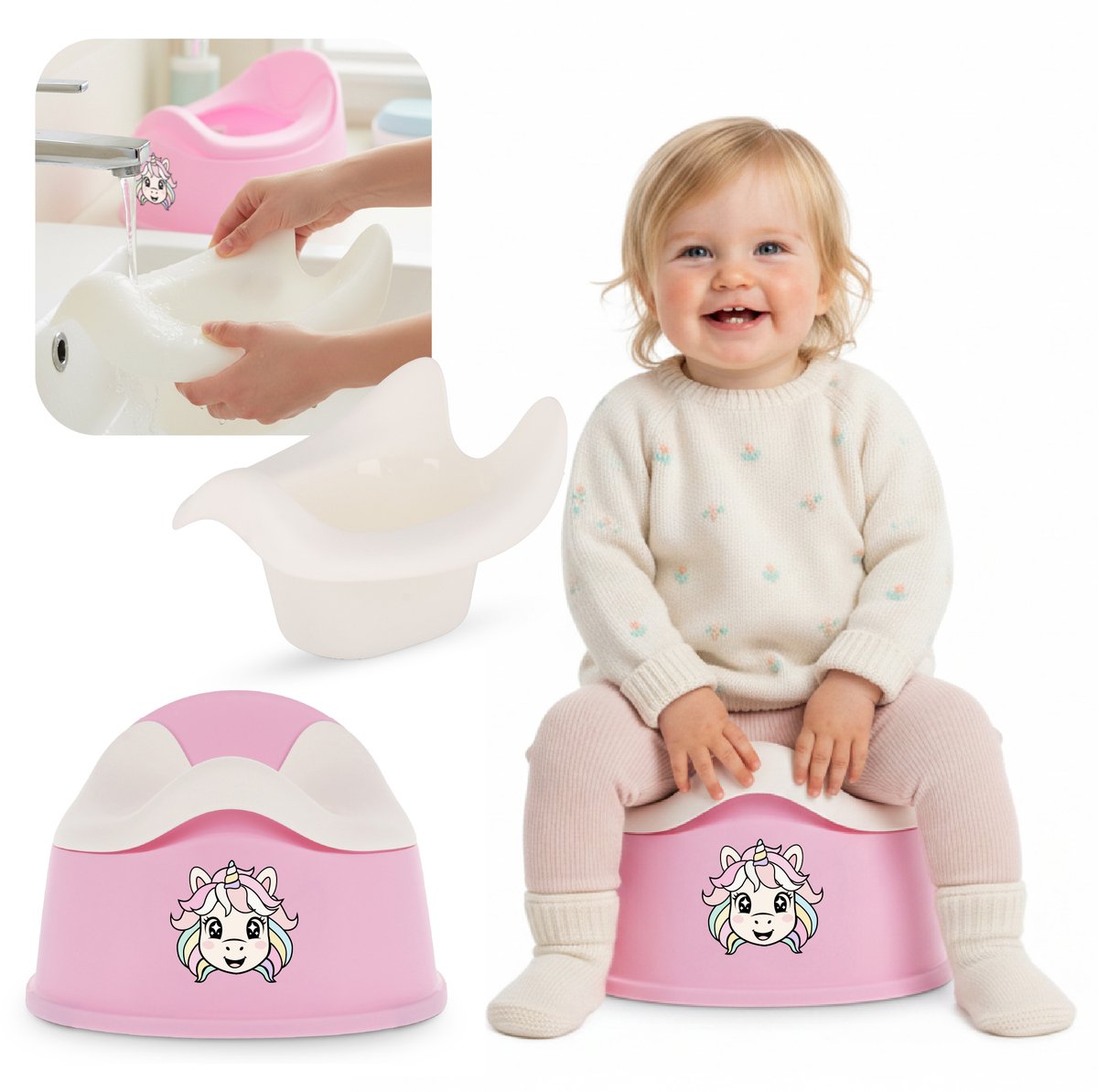 sun baby Potje - 18-36 maanden - antislipvoeten, ergonomische rugleuning, verwijderbare inzet, kunststof, tot 15 kg - Donkerroze-Wit + Sticker Eenhoorn