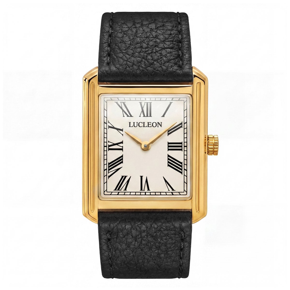 Legacy | Retro vierkant goudkleurig horloge met crèmekleurige wijzerplaat met Romeinse cijfers en zwarte leren band