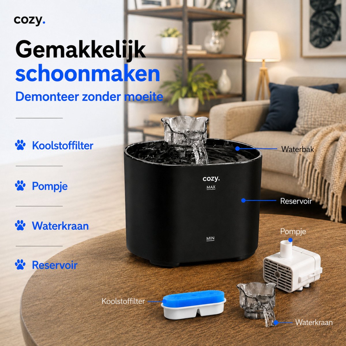 cozy.® Drinkfontein Kat Pro Plus 2026 - Waterfontein Kat 2.2L - Kattenfontein - Waterbak Kat - Waterdispenser Kat - Muisstil & Automatisch - Compact & Inclusief Filter - Zwart - Anti knoei Drinkbak thumbnail 6