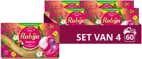 Verpakking met vier dozen Robijn Tropical wascapsules, versierd met tropische bloemen en een toekan.