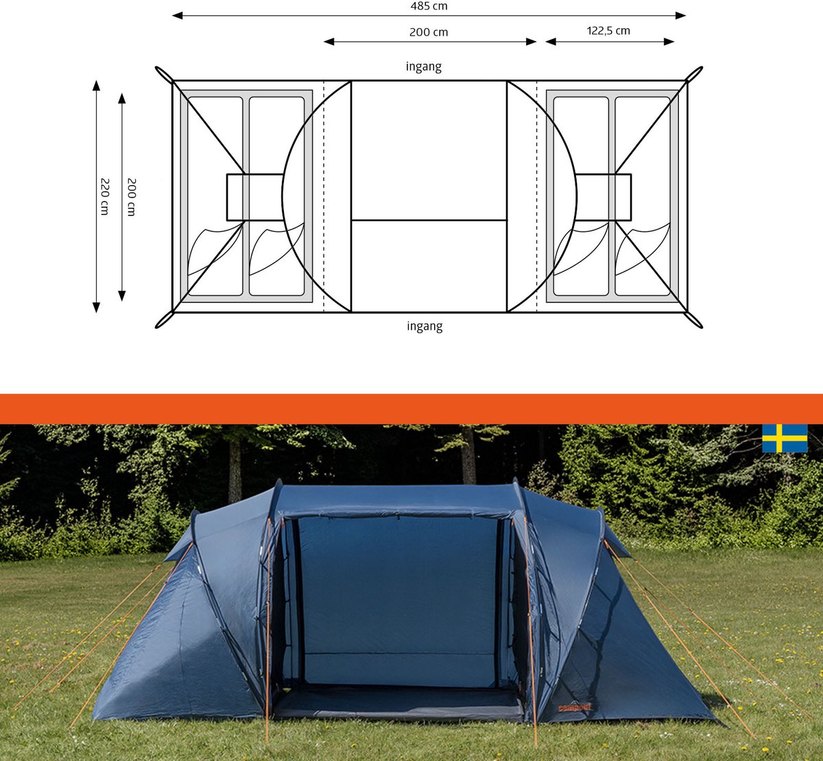 Campout 4-Persoons Vis-à-Vis Koepeltent – 2 Slaapcabines – 5000 mm Waterdicht – Leefruimte – 15 min Opzettijd – Incl. Luifelstokken & Draagtas – foto 7