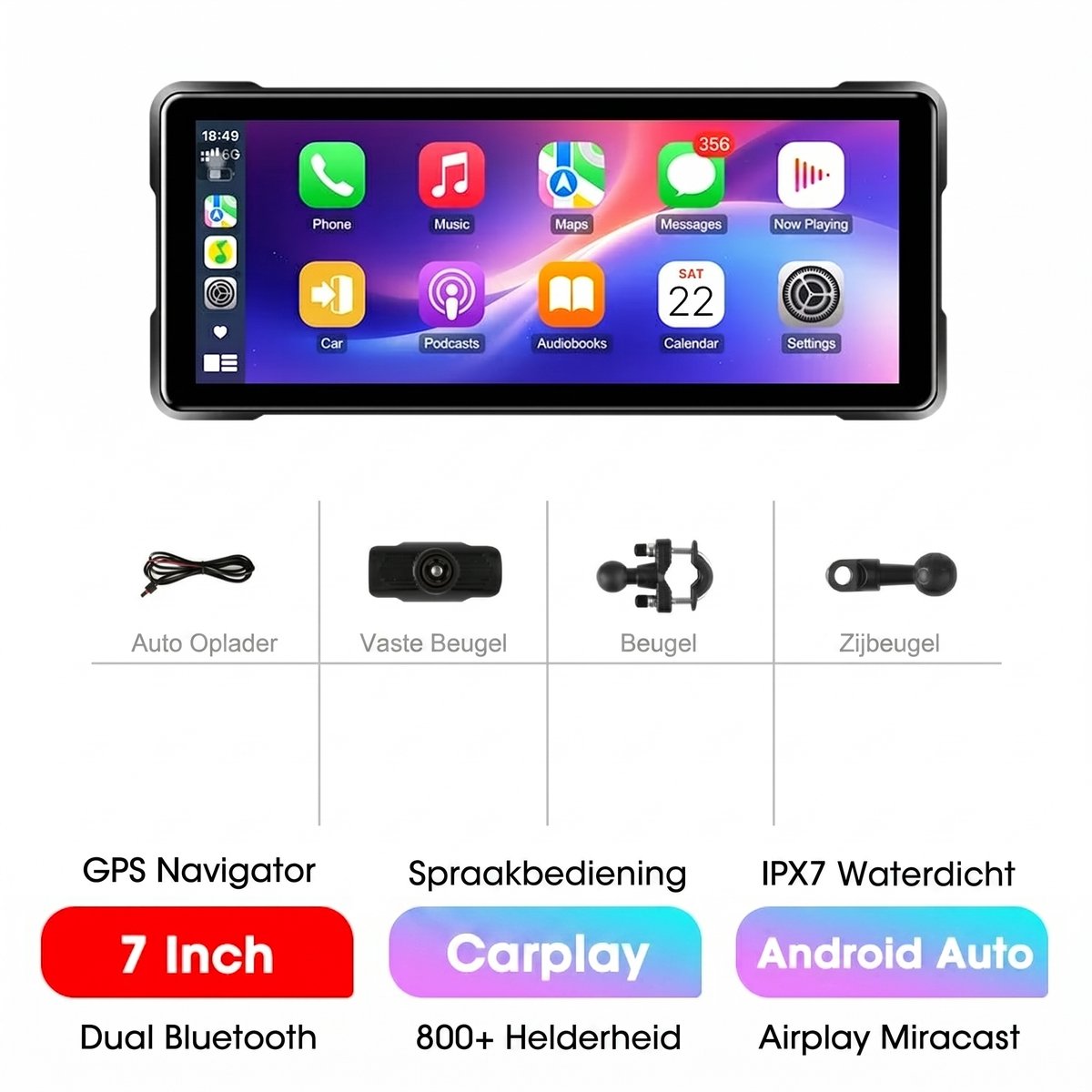 NordHaus Motor Navigatiescherm 7 inch - Motorfiets Display - Draadloze CarPlay Android Auto - IPX7 Waterdicht - Dubbele Bluetooth WiFi