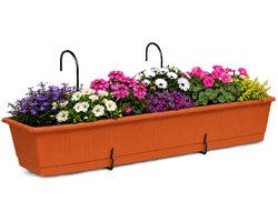 Geli Plantenbak Balcony - terracotta bruin/rood - met metalen ophangbeugels - 80 x 18 x 15 cm - hard kunststof - langwerpig
