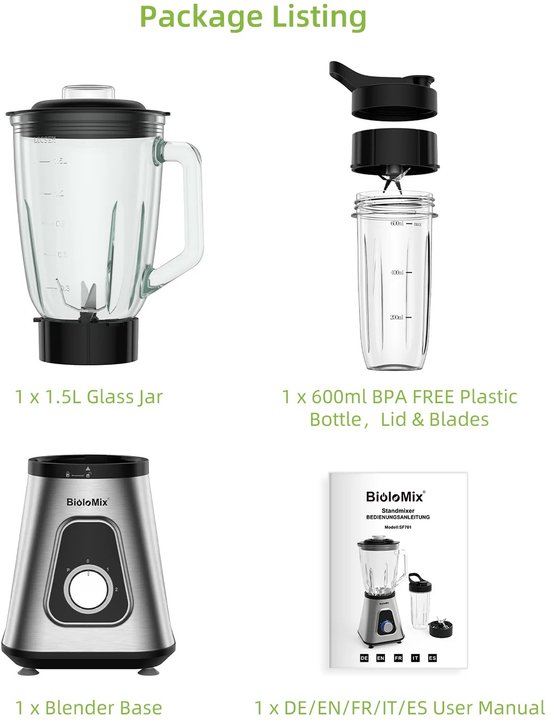 Noordvale Blender 1300W - 1,5 liter Glazen Kan - Blender Smoothie - Met Plastic Beker 600ML - Voor soepen en Smoothies - Zilver — afbeelding 4