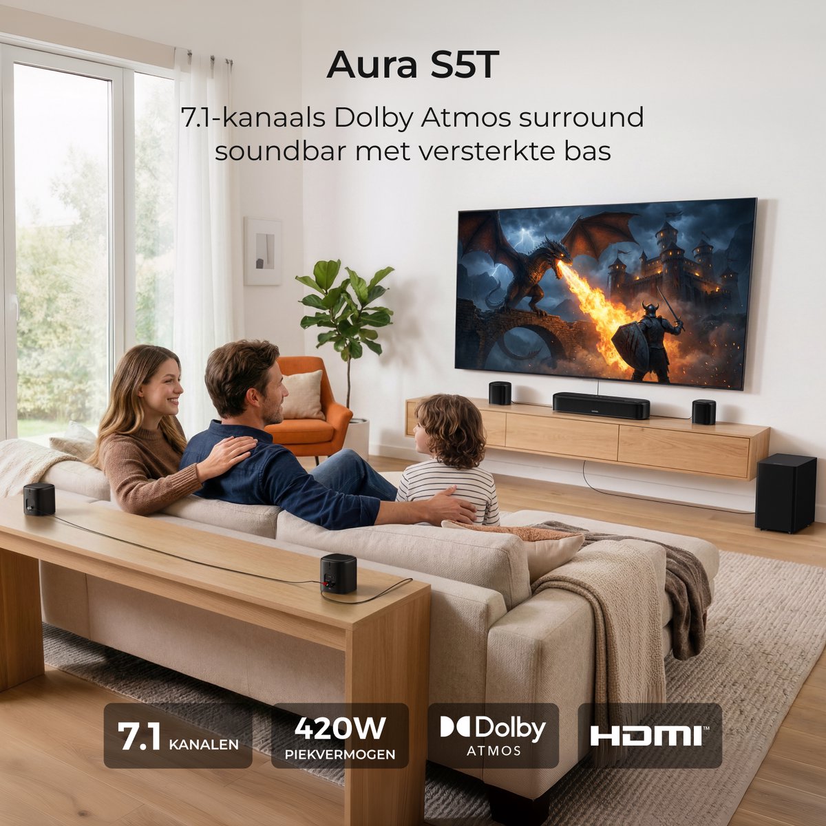 ULTIMEA 7.1 Soundbar met Dolby Atmos, Inclusief 5,25" Subwoofer en 4 Surround Speakers, Home Cinema Systeem voor TV, HDMI eARC, Aura S5T thumbnail 2