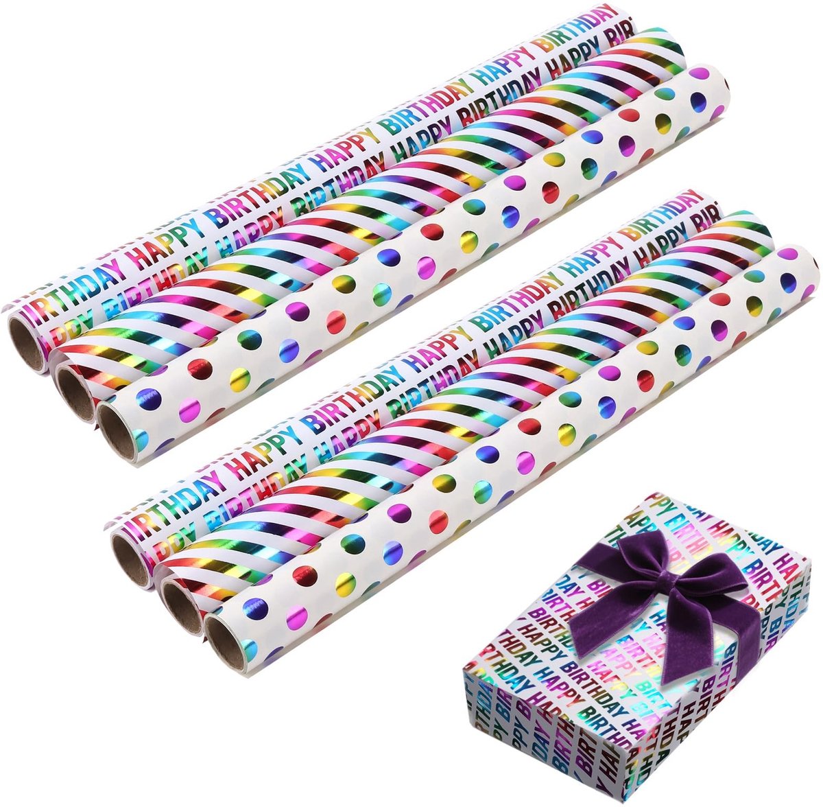 Dailygoods- Cadeaupapier set van 6 - Regenboog inpakpapier - 43 cm breed - 3 m lang - Kleurrijke sterren/stippen - Perfect voor verjaardagen