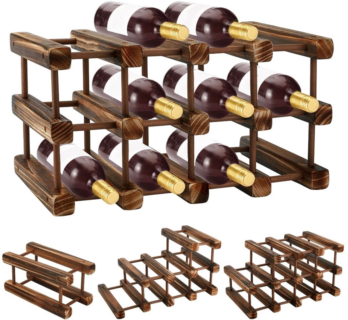 Dailygoods- Wijnrek Ruimtebesparend - Houten Stapelbaar - Flessenhouder - Wijnopslag - 12 Flessen - 40 x 25 cm - Flessenrek