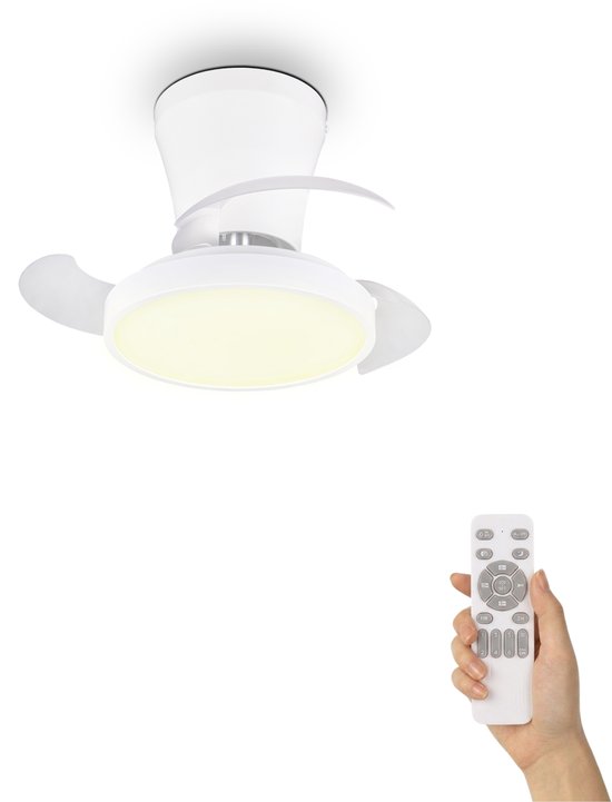 Witte plafondventilator met verlichting en afstandsbediening in hand