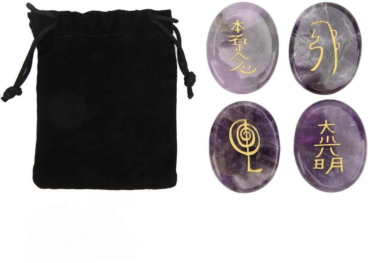 Dailygoods- Chakra Stenen Set 4 Stuks - Reiki Symbolen - Meditatie Decoratie - Healing Kristallen - Chakra Balancering - Handgegraveerde Symbolen - Healing Stones