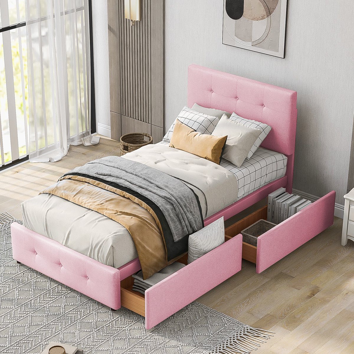 VVBV Kinderbed 90x200 – met 2 Lades – Fluweel – Roze – Lattenbodem – Voor Kinderen en Tieners – Opbergruimte – Hoofdbord – Tienerbed Pink