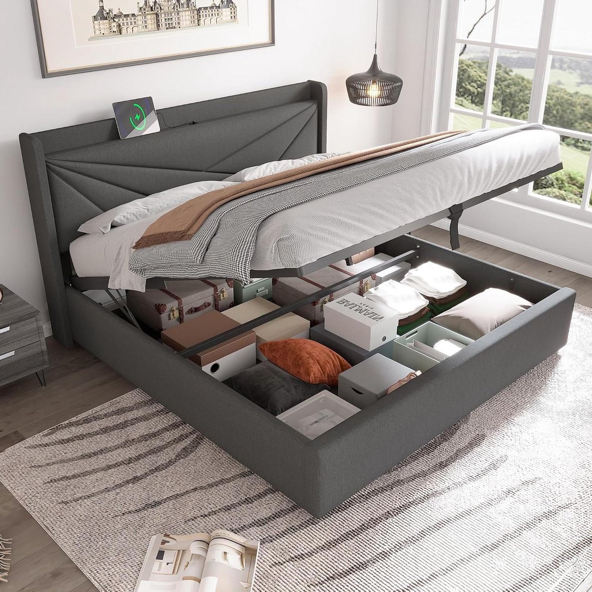 Tweepersoonsbed - Gestoffeerd bed - Slaapkamer inrichten - Geïntegreerd opbergruimte - 160