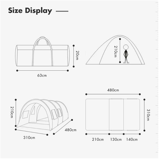 Cellista Grote Familietent 10 Personen - Tunnel Tent Waterdicht - Campingtent met Ademende Ramen - Groepstent voor Kamperen en Reizen - 480x310x210 cm — afbeelding 4