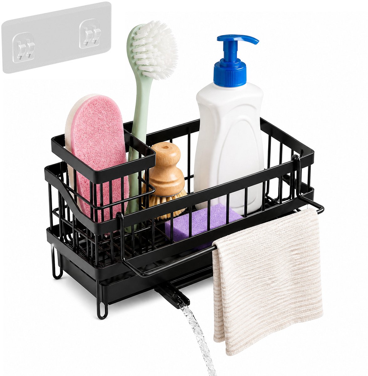 Gootsteen Organizer - Wandmontage Sponshouder Zonder Boren - Keuken Opbergrek voor Spons en Afwasborstel - Zwart
